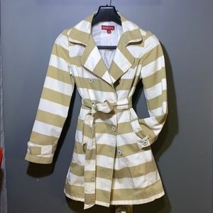 White and tan striped trench coat